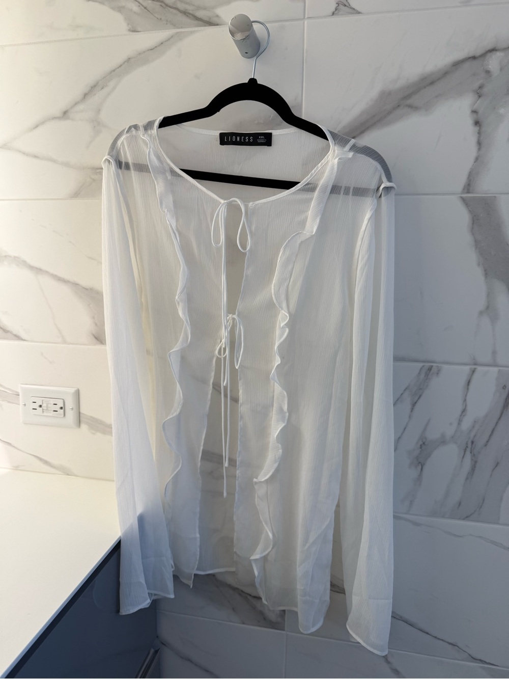 Lioness White Ruffle Tie-Front Sheer Blouse